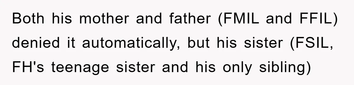 Both his mother and father (FMIL and FFIL) denied it automatically, but his sister (FSIL, FH's teenage sister and his only sibling)
