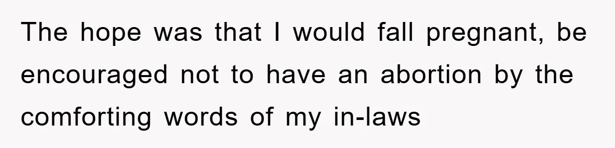 The hope was that I would fall pregnant, be encouraged not to have an abortion by the comforting words of my in-laws