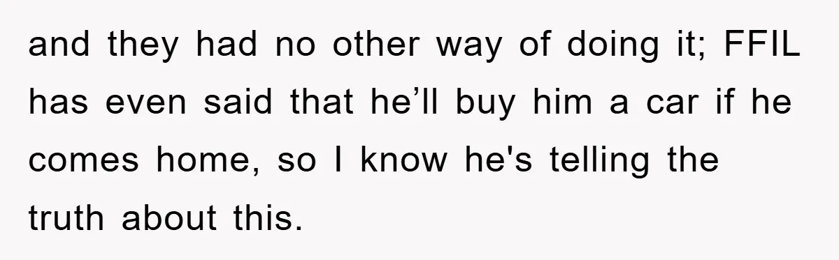 and they had no other way of doing it; FFIL has even said that he’ll buy him a car if he comes home, so I know he's telling the truth...