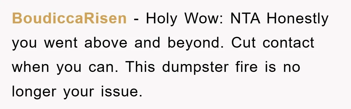 BoudiccaRisen - Holy Wow: NTA Honestly you went above and beyond. Cut contact when you can. This dumpster fire is no longer your issue.