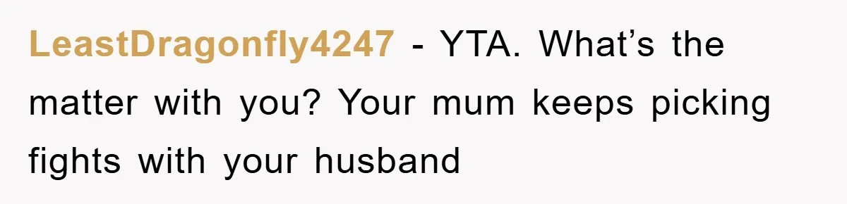 LeastDragonfly4247 - YTA. What’s the matter with you? Your mum keeps picking fights with your husband