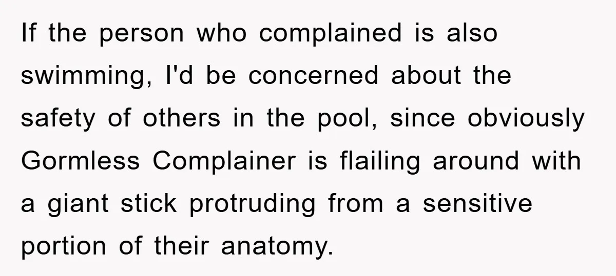 If the person who complained is also swimming, I'd be concerned about the safety of others in the pool, since obviously Gormless Complainer is flailing around with a giant stick...