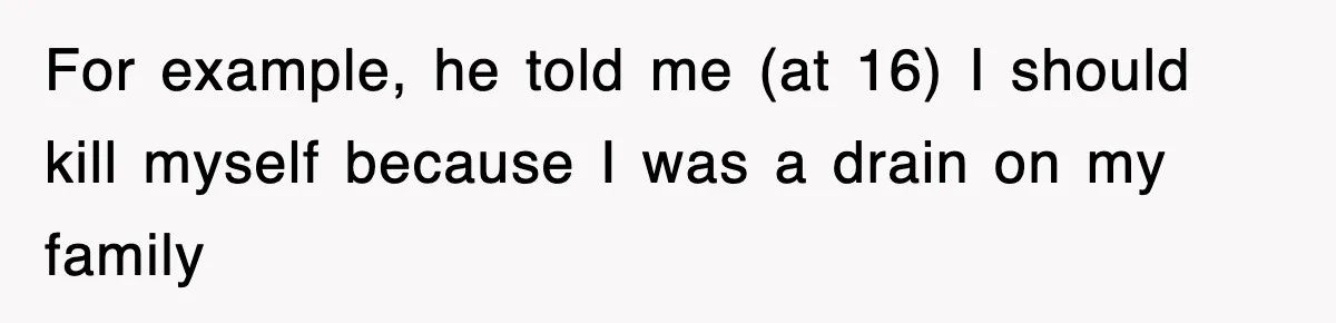 For example, he told me (at 16) I should kill myself because I was a drain on my family