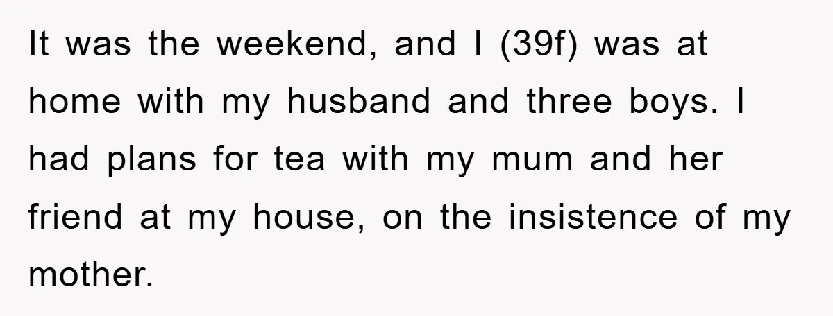 It was the weekend, and I (39f) was at home with my husband and three boys. I had plans for tea with my mum and her friend at my house,...