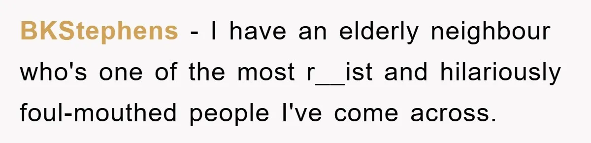 BKStephens − I have an elderly neighbour who's one of the most r__ist and hilariously foul-mouthed people I've come across.