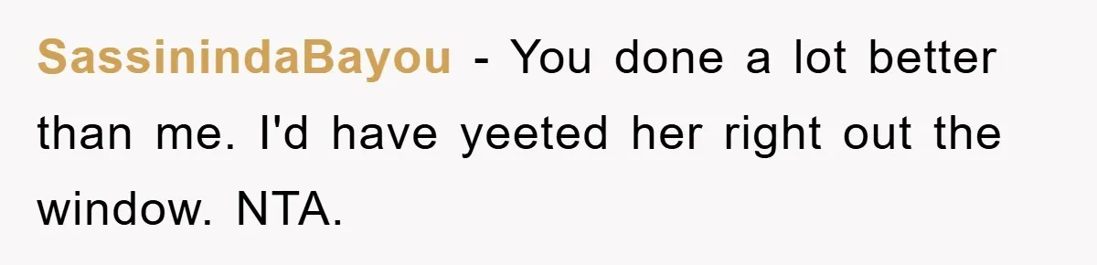 SassinindaBayou − You done a lot better than me. I'd have yeeted her right out the window. NTA.
