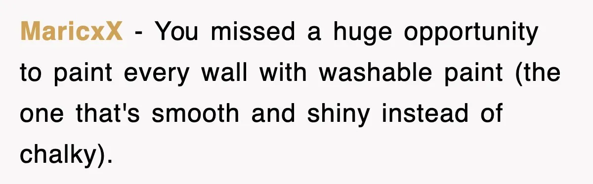 MaricxX − You missed a huge opportunity to paint every wall with washable paint (the one that's smooth and shiny instead of chalky).