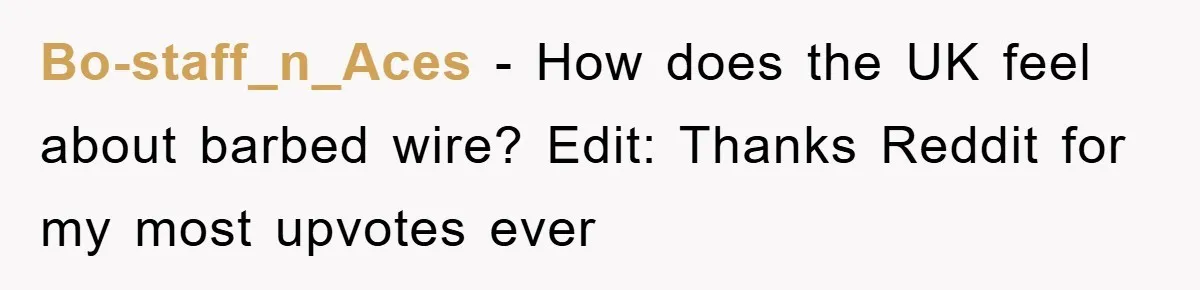 Bo-staff_n_Aces − How does the UK feel about barbed wire? Edit: Thanks Reddit for my most upvotes ever