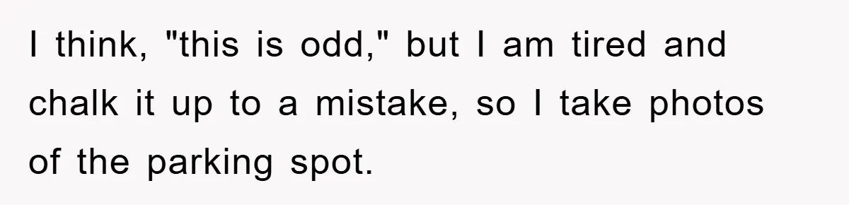 I think, "this is odd," but I am tired and chalk it up to a mistake, so I take photos of the parking spot.