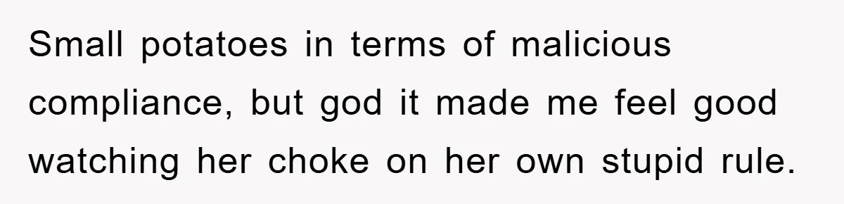 Small potatoes in terms of malicious compliance, but god it made me feel good watching her choke on her own stupid rule.