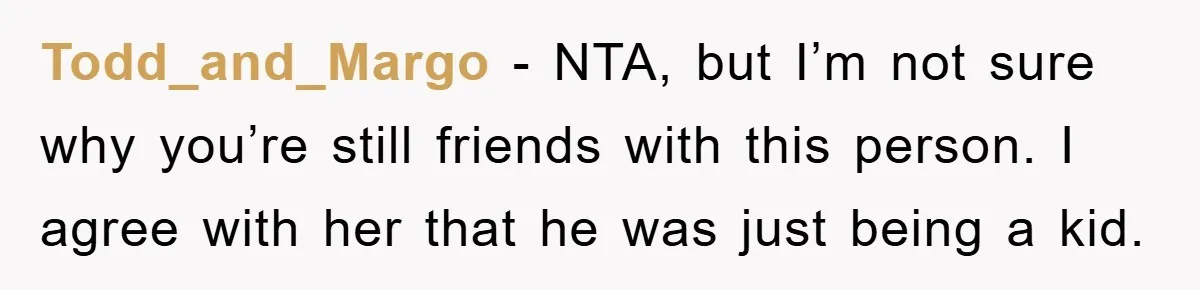Todd_and_Margo - NTA, but I’m not sure why you’re still friends with this person. I agree with her that he was just being a kid.
