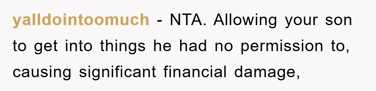 yalldointoomuch - NTA. Allowing your son to get into things he had no permission to, causing significant financial damage,