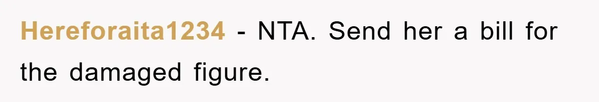 Hereforaita1234 - NTA. Send her a bill for the damaged figure.
