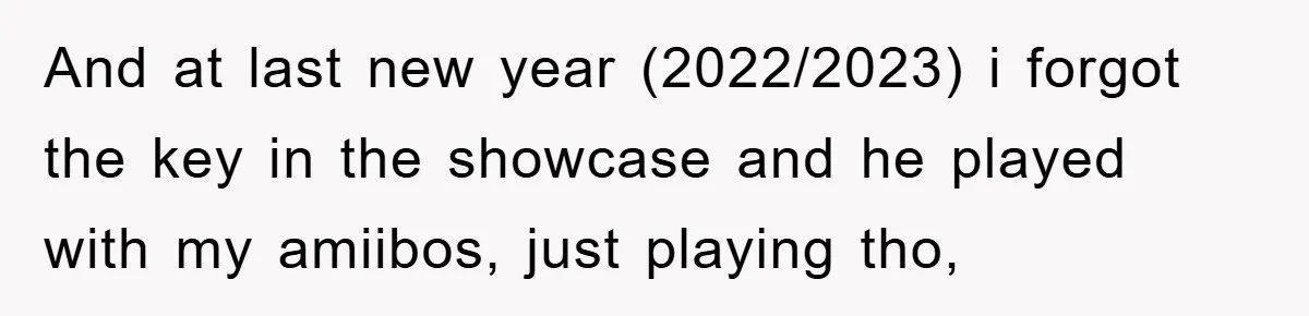 And at last new year (2022/2023) i forgot the key in the showcase and he played with my amiibos, just playing tho,