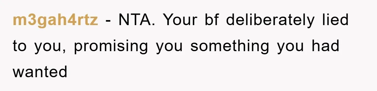 m3gah4rtz - NTA. Your bf deliberately lied to you, promising you something you had wanted