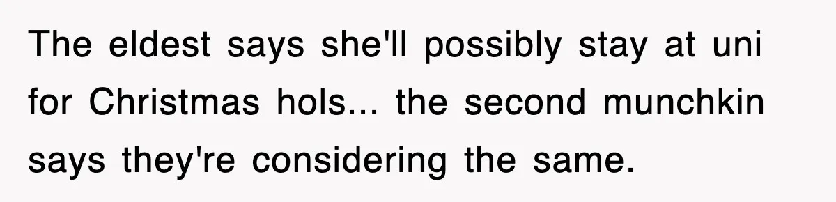 The eldest says she'll possibly stay at uni for Christmas hols... the second munchkin says they're considering the same.