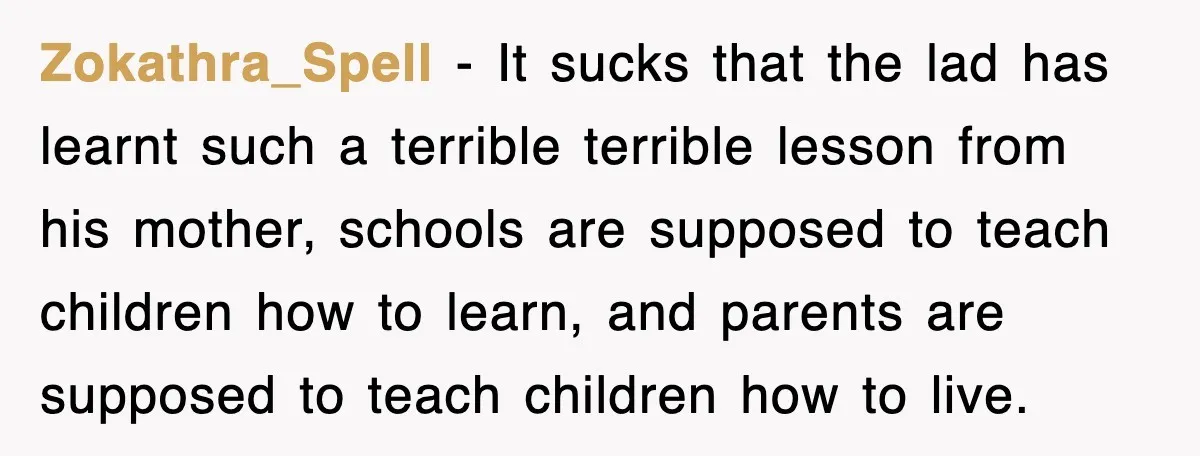 Zokathra_Spell - It sucks that the lad has learnt such a terrible terrible lesson from his mother, schools are supposed to teach children how to learn, and parents are supposed...