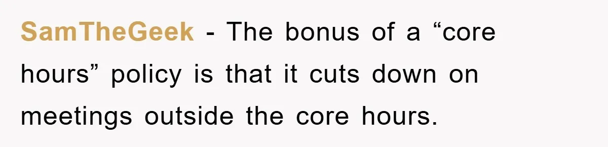 SamTheGeek - The bonus of a “core hours” policy is that it cuts down on meetings outside the core hours.