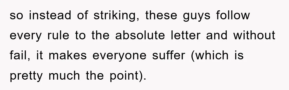 so instead of striking, these guys follow every rule to the absolute letter and without fail, it makes everyone suffer (which is pretty much the point).