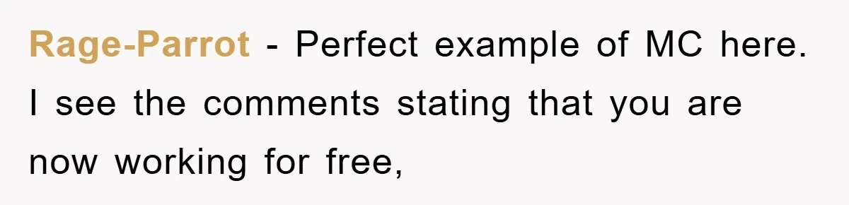 Rage-Parrot - Perfect example of MC here. I see the comments stating that you are now working for free,
