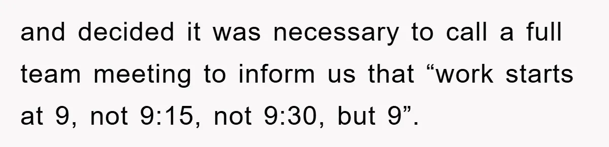 and decided it was necessary to call a full team meeting to inform us that “work starts at 9, not 9:15, not 9:30, but 9”.
