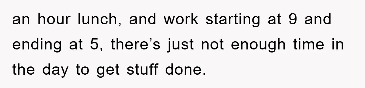 an hour lunch, and work starting at 9 and ending at 5, there’s just not enough time in the day to get stuff done.