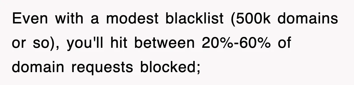 Even with a modest blacklist (500k domains or so), you'll hit between 20%-60% of domain requests blocked;