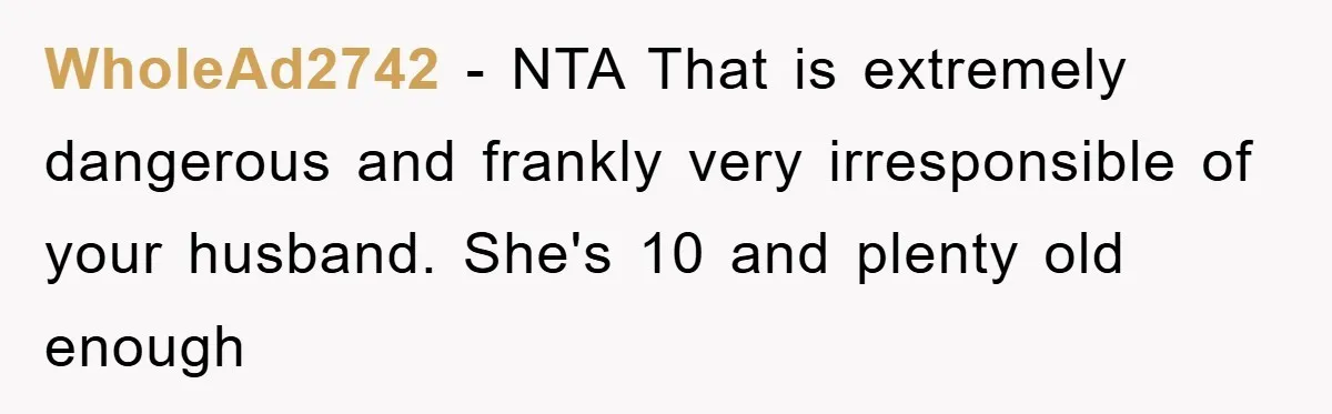 WholeAd2742 - NTA That is extremely dangerous and frankly very irresponsible of your husband. She's 10 and plenty old enough