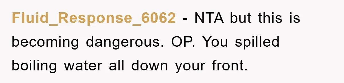 Fluid_Response_6062 - NTA but this is becoming dangerous. OP. You spilled boiling water all down your front.