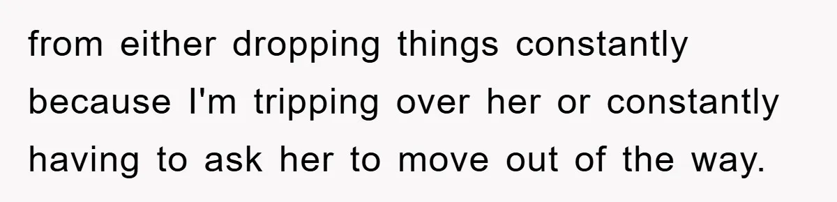 from either dropping things constantly because I'm tripping over her or constantly having to ask her to move out of the way.