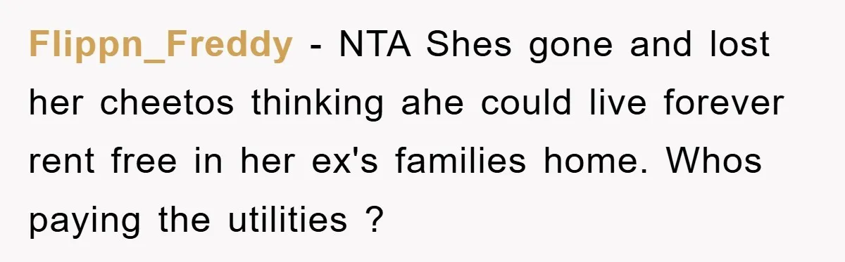 Flippn_Freddy - NTA Shes gone and lost her cheetos thinking ahe could live forever rent free in her ex's families home. Whos paying the utilities ?