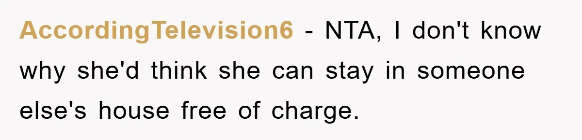 AccordingTelevision6 - NTA, I don't know why she'd think she can stay in someone else's house free of charge.