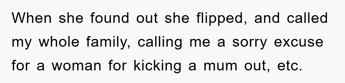 When she found out she flipped, and called my whole family, calling me a sorry excuse for a woman for kicking a mum out, etc.