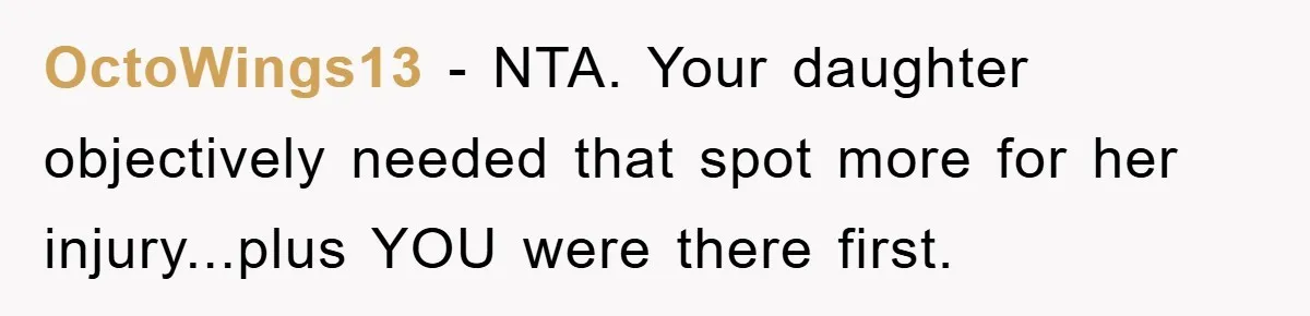 Woman Stands Her Ground In School Parking Lot, Accused Of “Ruining” An Autistic Student’s Routine OctoWings13 − NTA. Your daughter objectively needed that spot more for her injury...plus YOU were there first.
