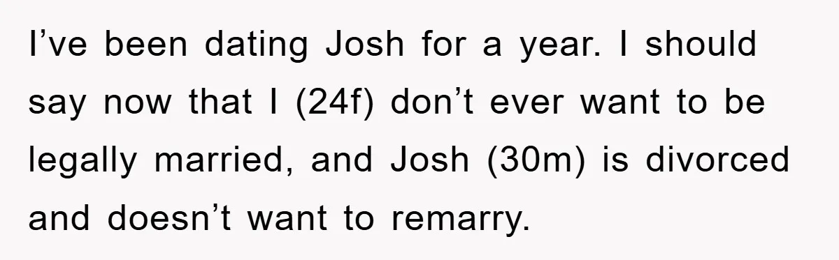 I’ve been dating Josh for a year. I should say now that I (24f) don’t ever want to be legally married, and Josh (30m) is divorced and doesn’t want to...