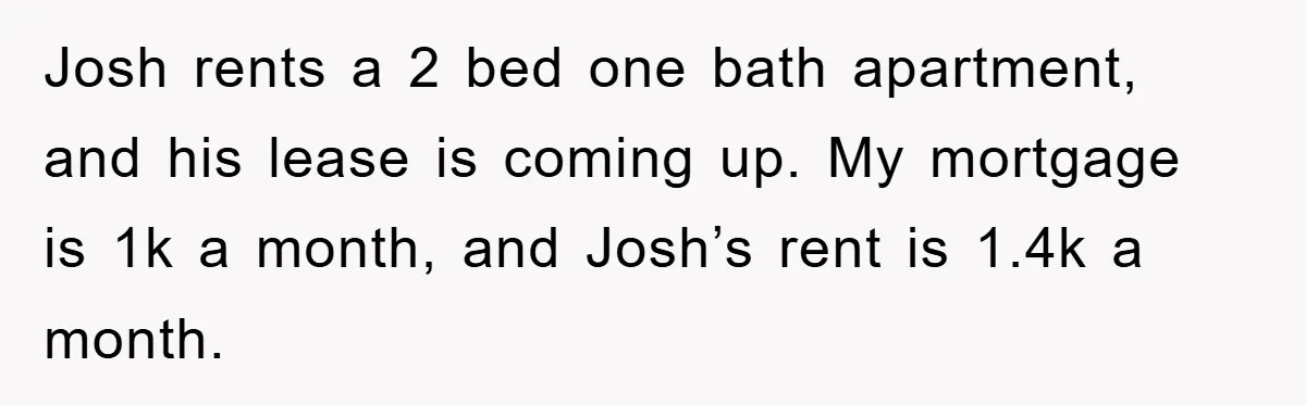 Josh rents a 2 bed one bath apartment, and his lease is coming up. My mortgage is 1k a month, and Josh’s rent is 1.4k a month.