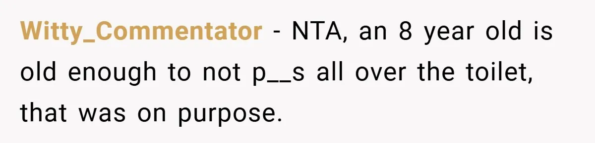 Pregnant Sister Calls Her Sibling Heartless After Being Told To Clean Up Her Own Son’s Bathroom Chaos Witty_Commentator − NTA, an 8 year old is old enough to not p__s all over the toilet, that was on purpose.