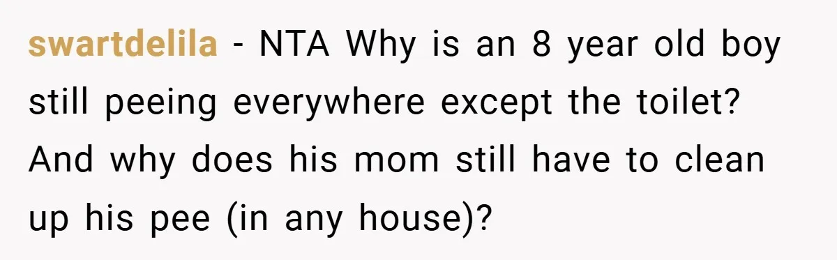 Pregnant Sister Calls Her Sibling Heartless After Being Told To Clean Up Her Own Son’s Bathroom Chaos swartdelila − NTA Why is an 8 year old boy still peeing everywhere except the toilet? And why does his mom still have to clean up his pee (in any...