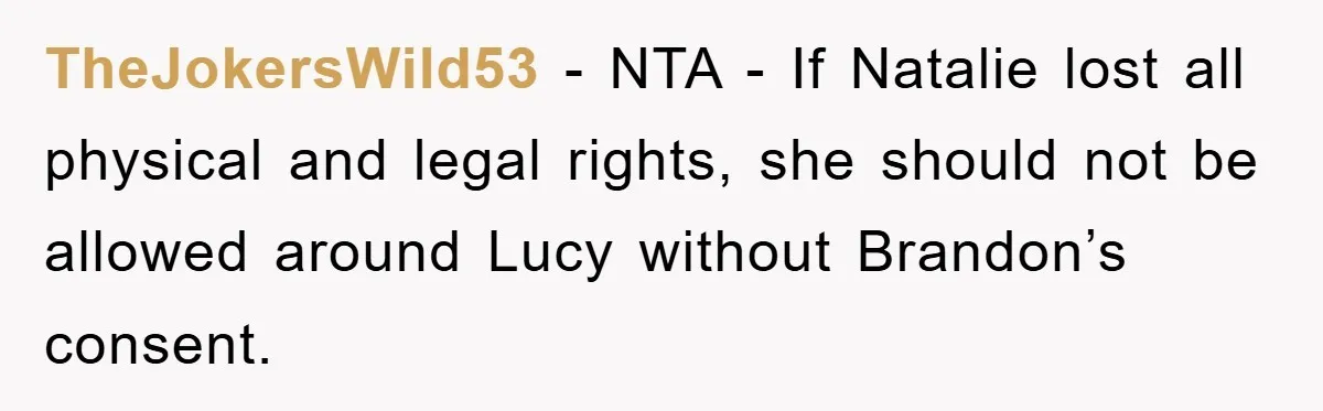 TheJokersWild53 − NTA - If Natalie lost all physical and legal rights, she should not be allowed around Lucy without Brandon’s consent.