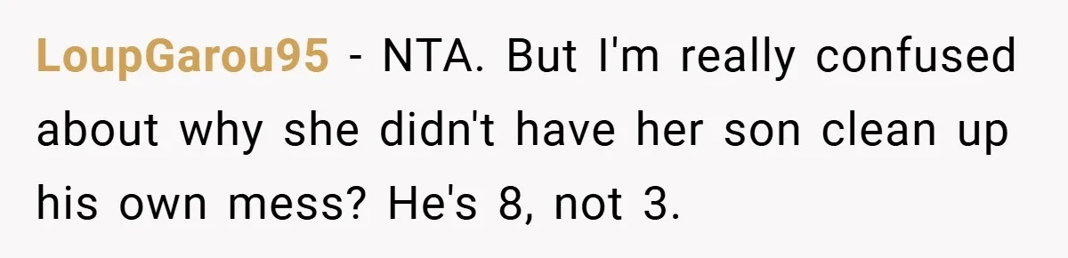 Pregnant Sister Calls Her Sibling Heartless After Being Told To Clean Up Her Own Son’s Bathroom Chaos LoupGarou95 − NTA. But I'm really confused about why she didn't have her son clean up his own mess? He's 8, not 3.