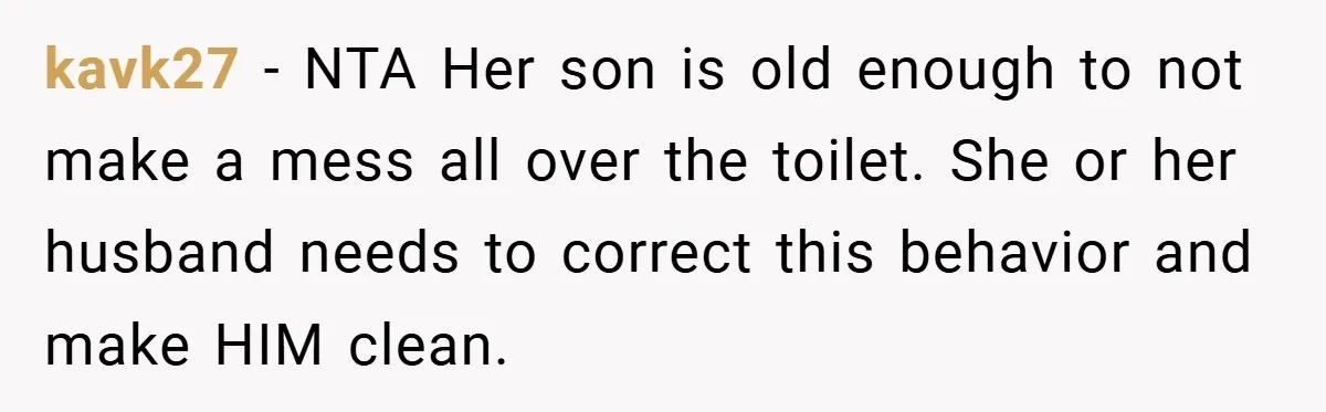 Pregnant Sister Calls Her Sibling Heartless After Being Told To Clean Up Her Own Son’s Bathroom Chaos kavk27 - NTA Her son is old enough to not make a mess all over the toilet. She or her husband needs to correct this behavior and make HIM clean.