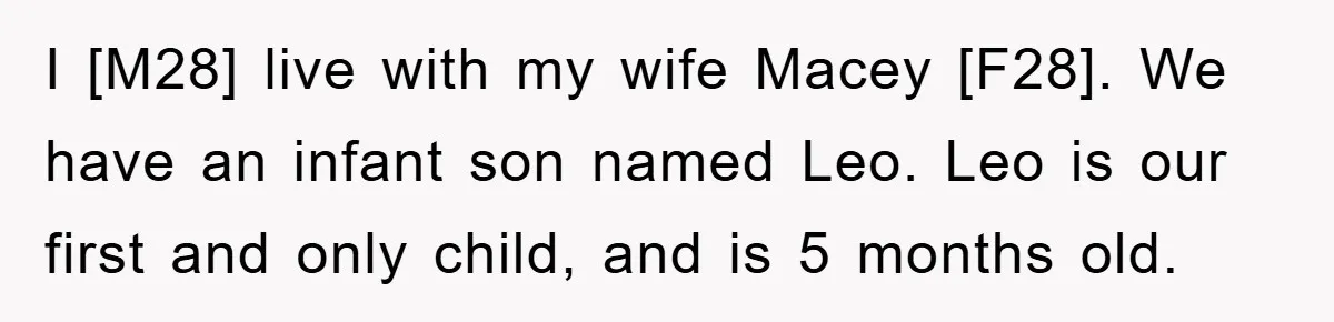 I [M28] live with my wife Macey [F28]. We have an infant son named Leo. Leo is our first and only child, and is 5 months old.