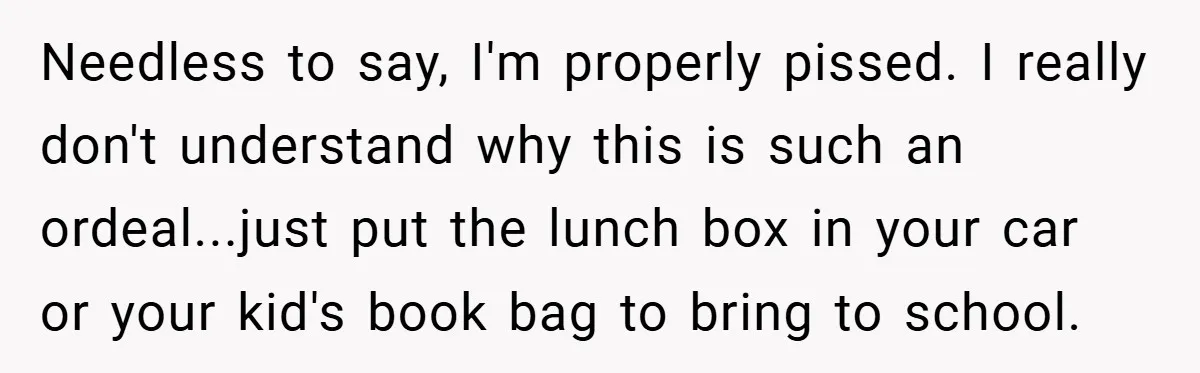 Needless to say, I'm properly pissed. I really don't understand why this is such an ordeal...just put the lunch box in your car or your kid's book bag to bring...