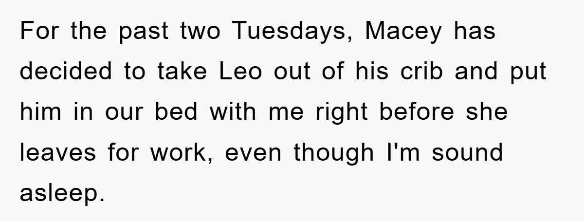 For the past two Tuesdays, Macey has decided to take Leo out of his crib and put him in our bed with me right before she leaves for work, even...