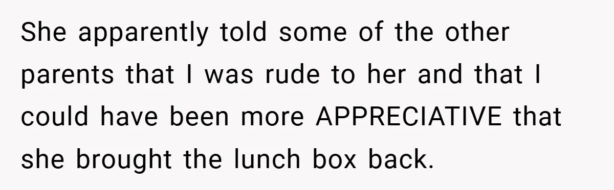 She apparently told some of the other parents that I was rude to her and that I could have been more APPRECIATIVE that she brought the lunch box back.