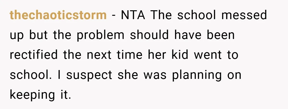 thechaoticstorm − NTA The school messed up but the problem should have been rectified the next time her kid went to school. I suspect she was planning on keeping it.