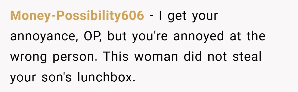Money-Possibility606 − I get your annoyance, OP, but you're annoyed at the wrong person. This woman did not steal your son's lunchbox.