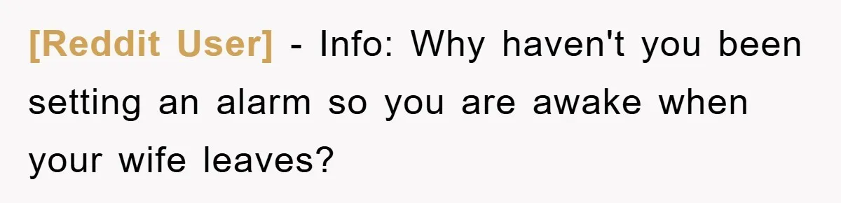 [Reddit User] − Info: Why haven't you been setting an alarm so you are awake when your wife leaves?