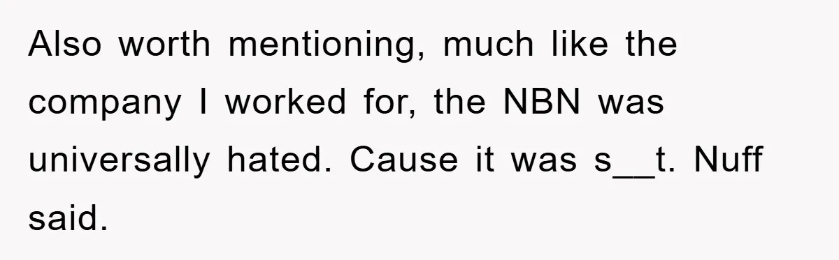 Also worth mentioning, much like the company I worked for, the NBN was universally hated. Cause it was s__t. Nuff said.