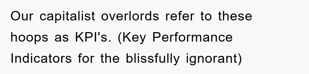 Our capitalist overlords refer to these hoops as KPI's. (Key Performance Indicators for the blissfully ignorant)